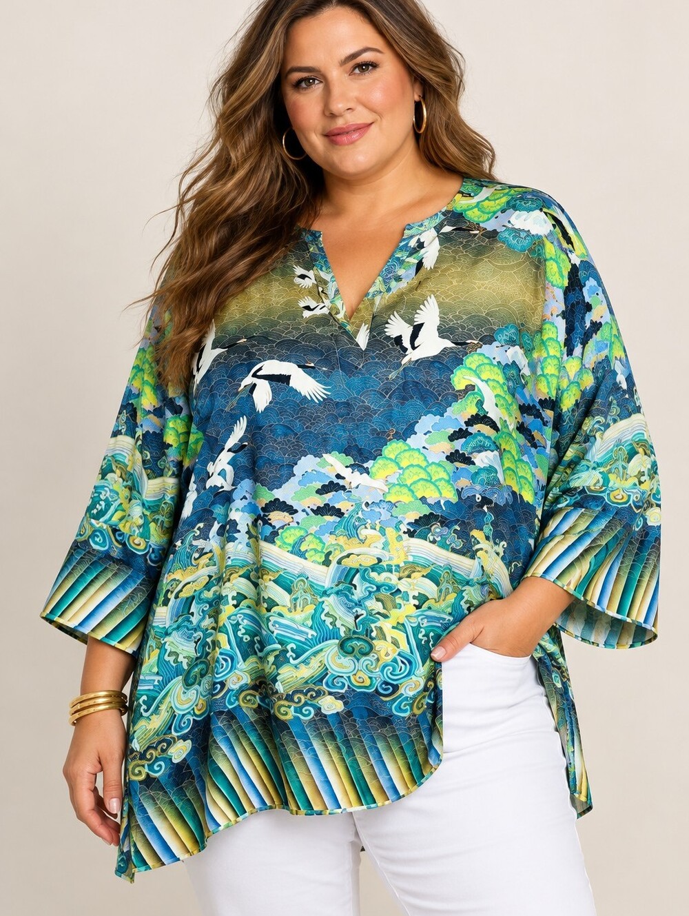 CITRON SANTA MONICA Japanese Art Print Kimono Sleeve Split Neck Tunic Top 3X